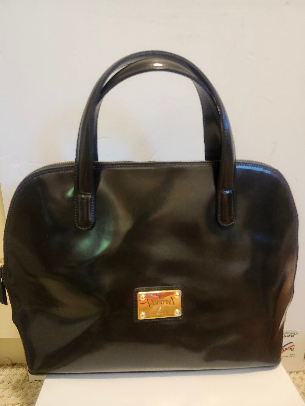 Valentina Italy Black Polished Leather Domed "Bowler" Satchel Bag Retail $320